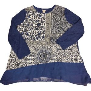 Chicos Floral Navy Mixed Media Long Sleeve Size 3 Women’s Preppy Romantic Casual